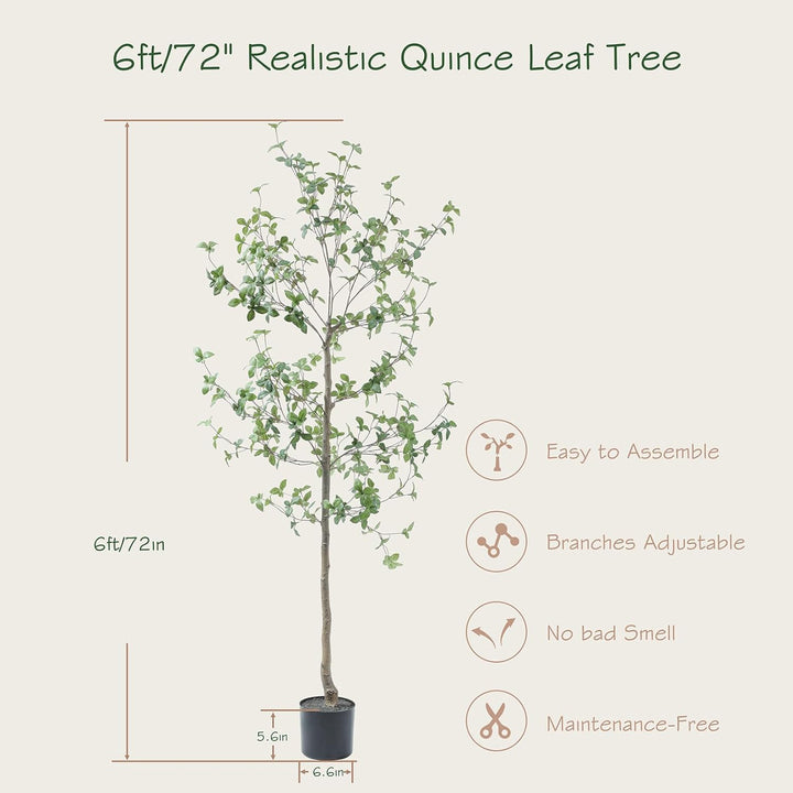 6ft/7ft Faux Quince Leaf Tree with Lifelike Leaves & Realistic Trunks, 72in Artificial Quince Leaf Tree for Garden, Home, Office, Porch, Balcony,Living Room Decor.