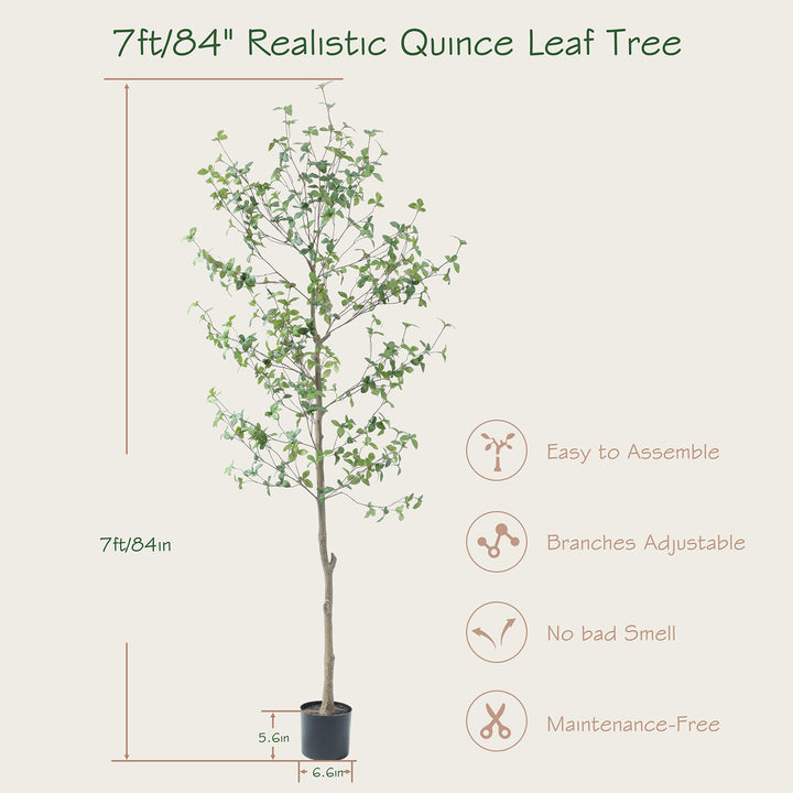 6ft/7ft Faux Quince Leaf Tree with Lifelike Leaves & Realistic Trunks, 72in Artificial Quince Leaf Tree for Garden, Home, Office, Porch, Balcony,Living Room Decor.